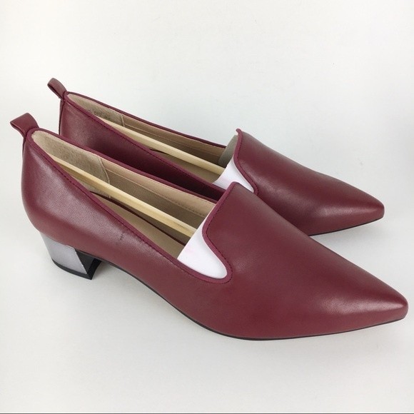 Franco Sarto Size 7.5 Red Leather Slip On Loafers Point Toe Kitten Heels Shoes - Picture 2 of 9